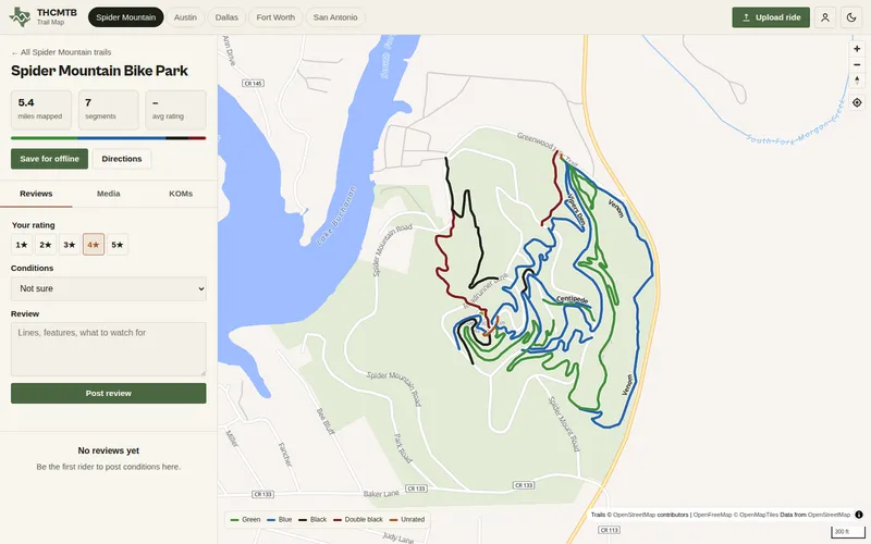 THCMTB trail map showing the Spider Mountain trail network with trail details